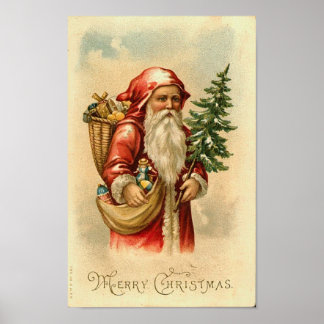 Póster Tarjeta navideña Santa, Tree y Toys Merry