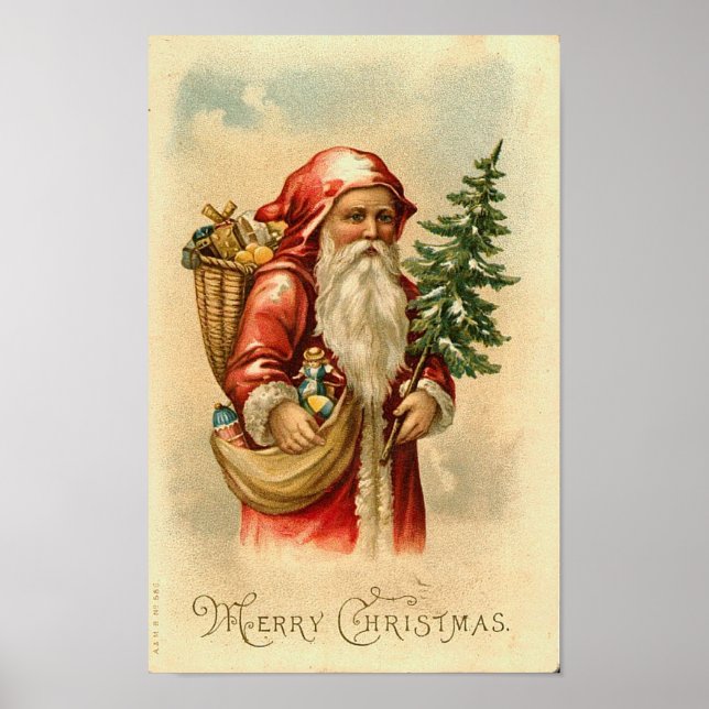 Póster Tarjeta navideña Santa, Tree y Toys Merry (Frente)