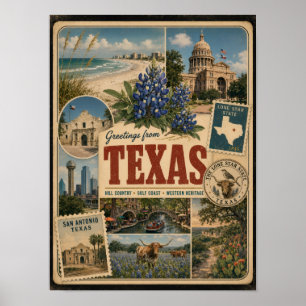 Póster Tarjeta postal de estilo vintage auténtico de Texa