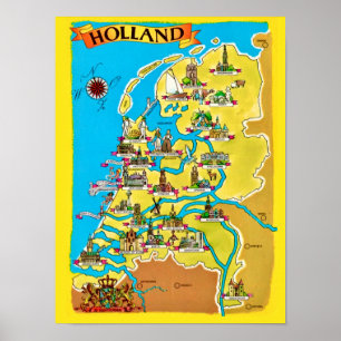 Póster Tarjeta postal de mapa antiguo de Holanda impresa