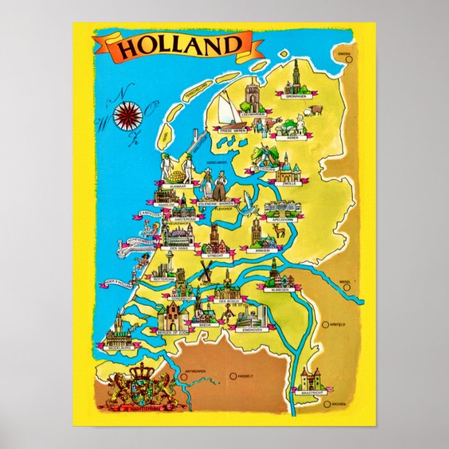 Póster Tarjeta postal de mapa antiguo de Holanda impresa (Frente)