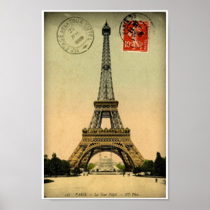 Póster Tarjeta postal francesa antigua Torre Eiffel París