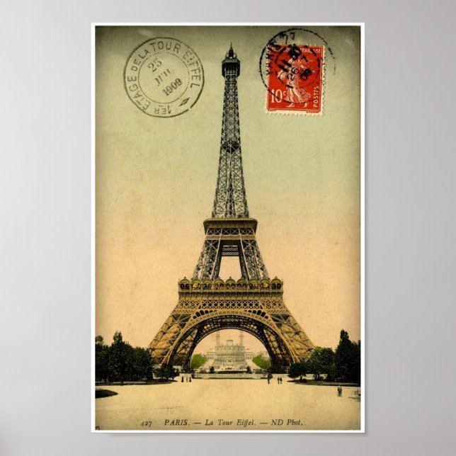 Póster Tarjeta postal francesa antigua Torre Eiffel París (Frente)