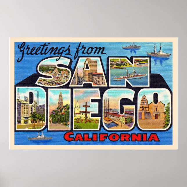 Póster Tarjeta postal grande de San Diego California Vint (Frente)