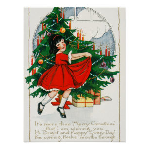 Póster Tarjeta postal retro de Navidad, niño y árbol de N