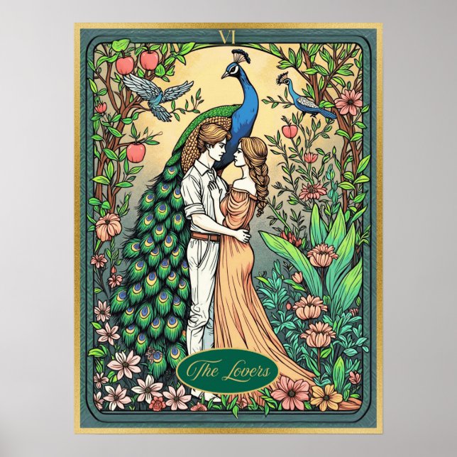 Póster Tarjeta Tarot de Art Nouveau, Los Amantes (Frente)