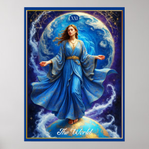 Póster Tarjeta Tarot, el mundo, en azul profundo