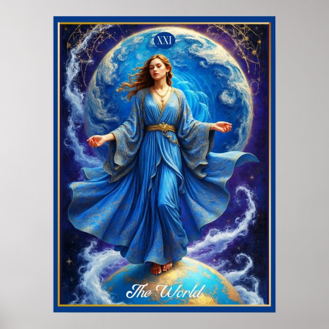 Póster Tarjeta Tarot, el mundo, en azul profundo (Frente)