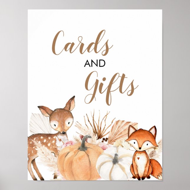 Póster Tarjetas Baby Shower Boho Woodland Pumpkin y regal (Frente)