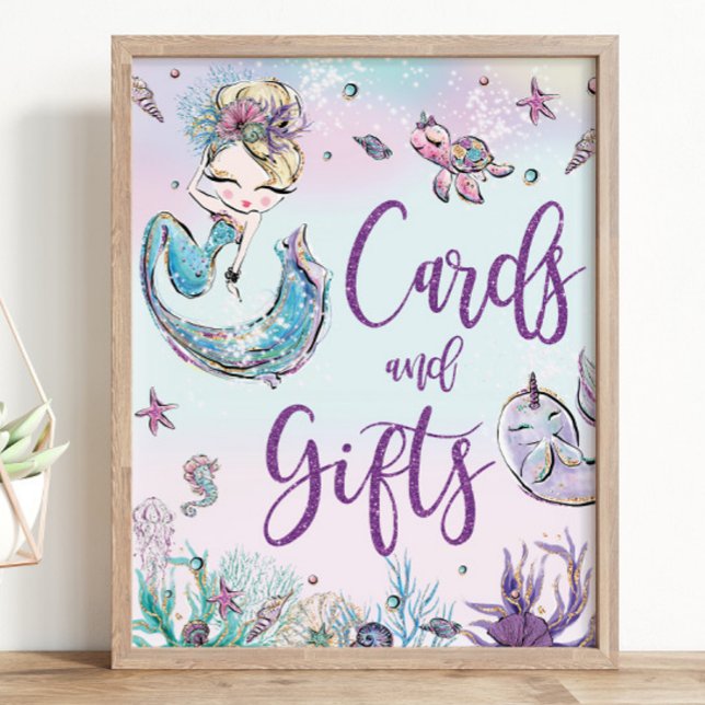 Póster Tarjetas Baby Shower de cumpleaños de la sirena de (zazzle-mermaid-blonde-girl-under-the-sea-ocean-pool-1st-birthday-baby-shower-cards-and-gifts-sign)