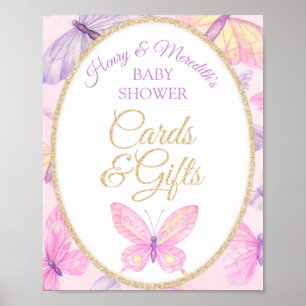 Póster Tarjetas Baby Shower de mariposa rosada púrpura y