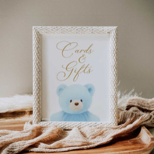 Póster Tarjetas Baby Shower de oso azul y regalos