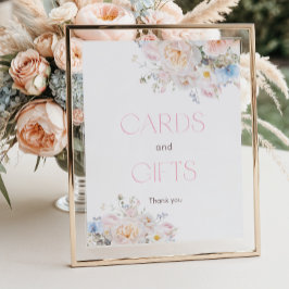 Póster Tarjetas Baby Shower rosa floral y regalos