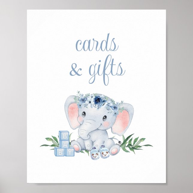 Póster Tarjetas Baby Shower y regalos para elefantes flor (Frente)