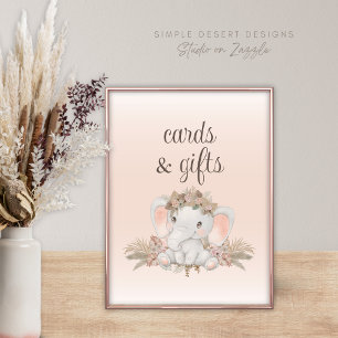 Póster Tarjetas de Baby Shower Boho Floral Elephant y reg