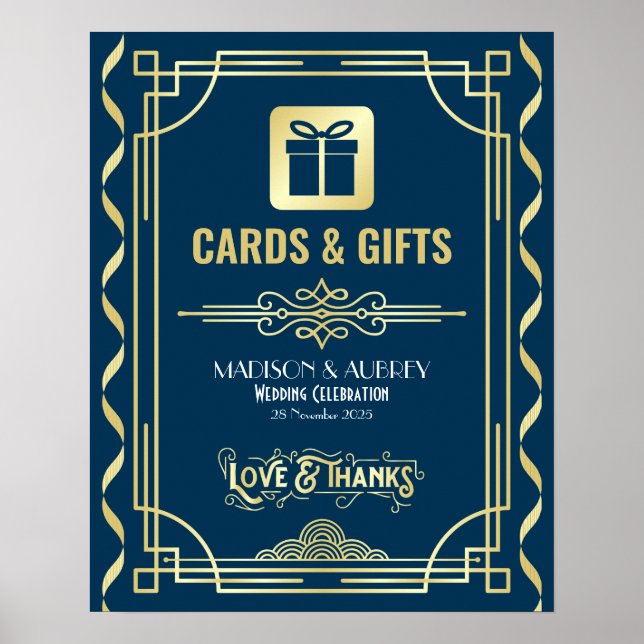 Póster Tarjetas de boda Art Deco y regalos Rótulo azul de (Frente)