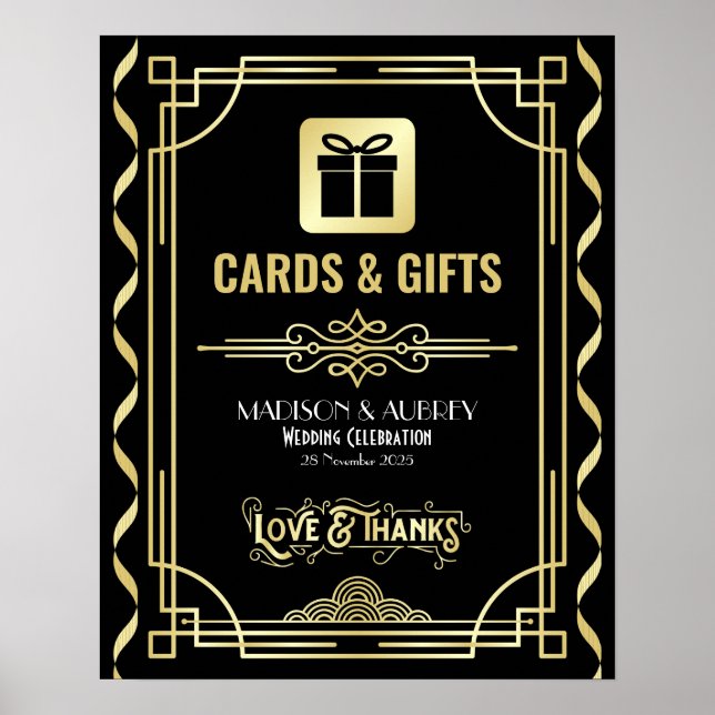 Póster Tarjetas de boda Art Deco y regalos Rótulo negro d (Frente)