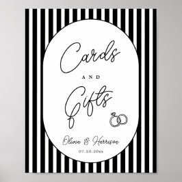 Póster Tarjetas de boda y letrero de regalos a rayas blan