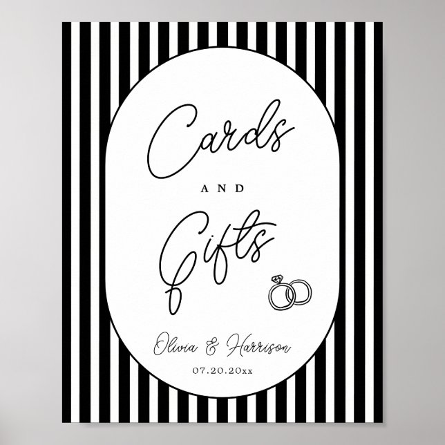 Póster Tarjetas de boda y letrero de regalos a rayas blan (Frente)