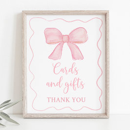 Póster Tarjetas de Bow rosadas y regalos Rótulo de cumple