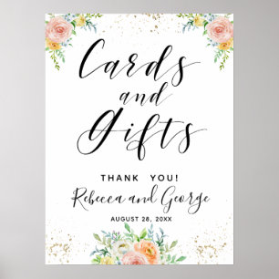 Póster Tarjetas de caligrafía y regalos ruborizados y dor