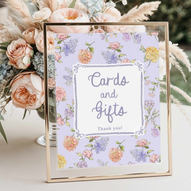Póster Tarjetas de ducha morada con flores púrpura y rega (Lilac Floral Bridal Shower Cards and Gifts Sign)