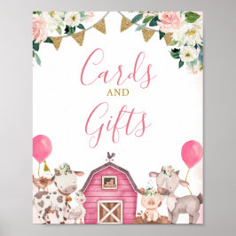 Póster Tarjetas De Granja Rosa chica Y Rótulo Regalo