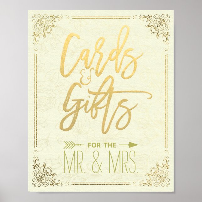Póster Tarjetas de marco floral Gold Script Regalos Rótul (Frente)