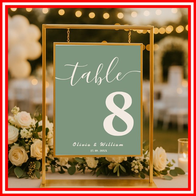 Póster Tarjetas de número de mesa para boda en verde salv (Subido por el creador)