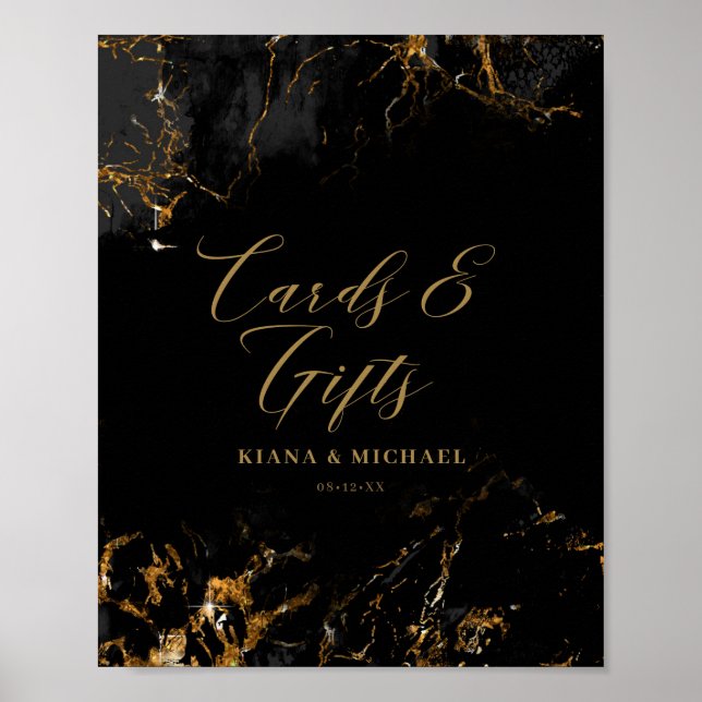 Póster Tarjetas de Purpurina de mármol y regalos Black Go (Frente)