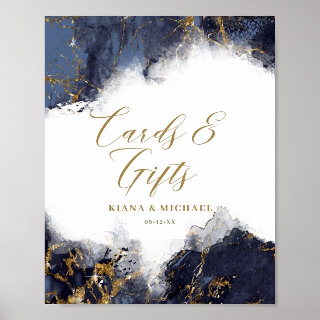 Póster Tarjetas de Purpurina de mármol y regalos Navy Blu (Frente)