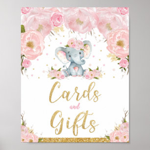 Póster Tarjetas de regalo de elefante floral rosa para ba