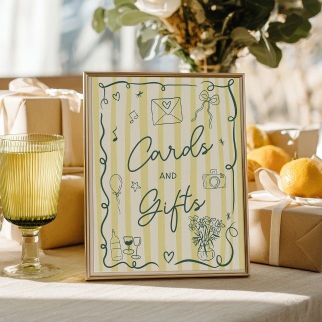 Póster Tarjetas dibujadas a mano con estilo retro cítrico (Retro citrus green hand drawn cards gift wedding poster)