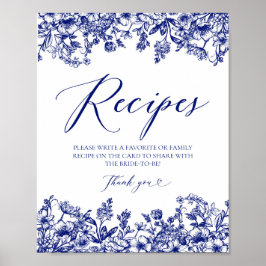 Póster Tarjetas Florales Azules Rótulo Dejar Tu Receta