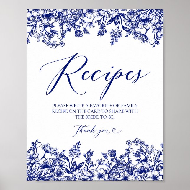 Póster Tarjetas Florales Azules Rótulo Dejar Tu Receta (Frente)