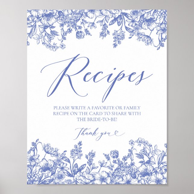 Póster Tarjetas Florales Azules Rótulo Dejar Tu Receta (Frente)