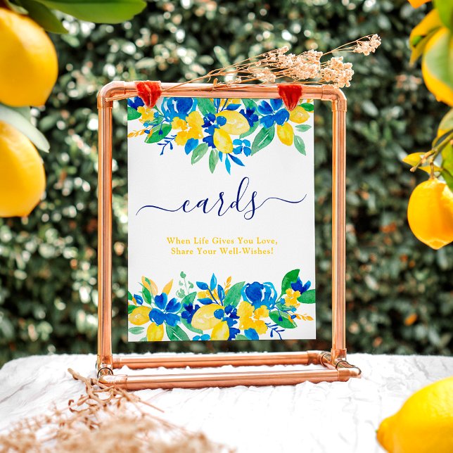 Póster Tarjetas florales de limones amarillos azules duch (Blue yellow lemons floral cards bridal shower poster)