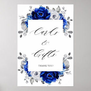 Póster Tarjetas florales Royal Blue White Silver