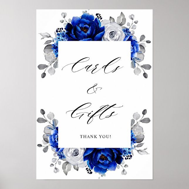 Póster Tarjetas florales Royal Blue White Silver (Frente)