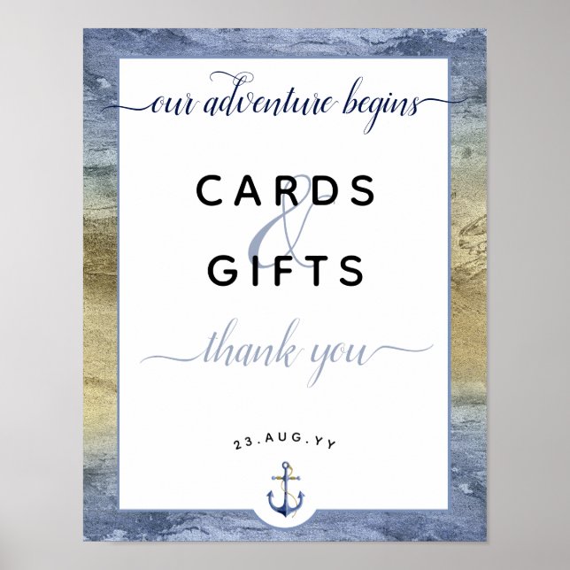 Póster Tarjetas Nautical Blue & Gold y regalos #Boda (Frente)