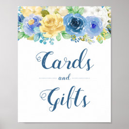 Póster Tarjetas Regalos Boda Rótulo Azul Amarillo Floral