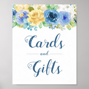 Póster Tarjetas Regalos Boda Rótulo Azul Amarillo Floral