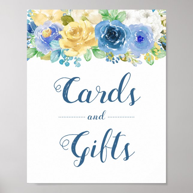 Póster Tarjetas Regalos Boda Rótulo Azul Amarillo Floral (Frente)