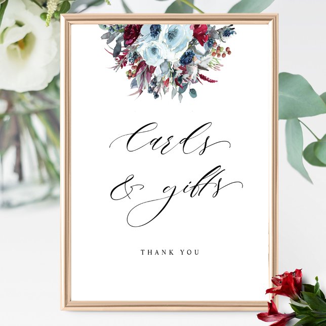 Póster Tarjetas y regalos Azul Borgoña y Rótulo Floral Ro (Subido por el creador)