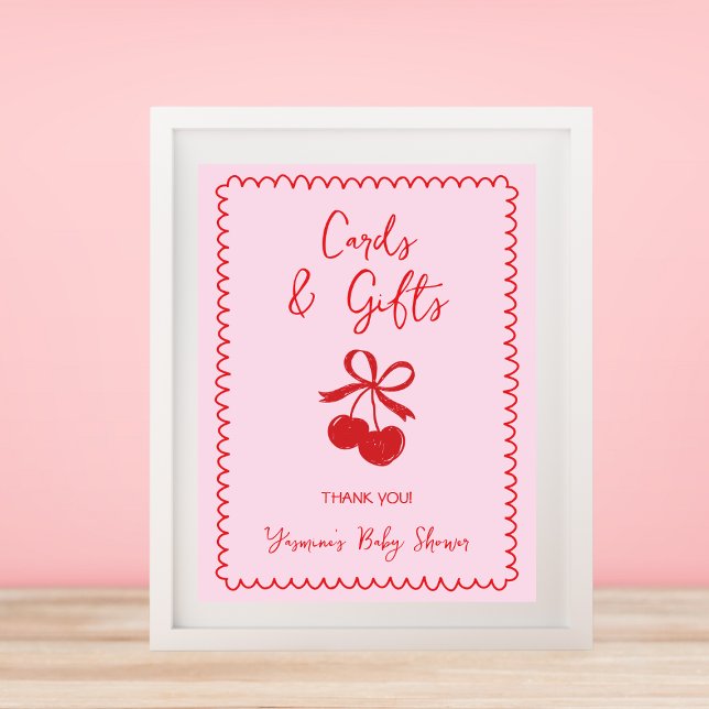 Póster Tarjetas y regalos Baby Shower con mano de cerezo  (Cards & Gifts Cherry Bow Hand Drawn Baby Shower Poster)