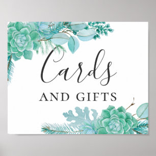 Póster Tarjetas y regalos. Boda de suculentas menta acuar