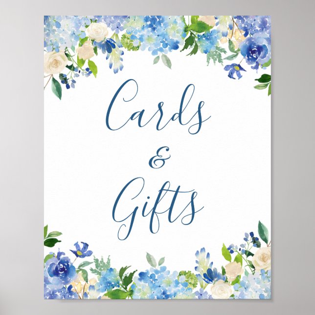 Póster Tarjetas y regalos Boda Rótulo Azul Hydrangea Flor (Frente)