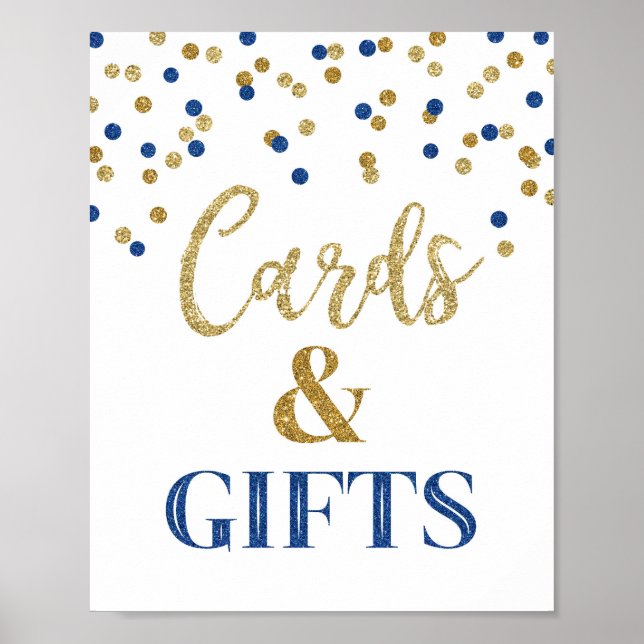 Póster Tarjetas y regalos Boda Rótulo Blue Gold Confetti (Frente)