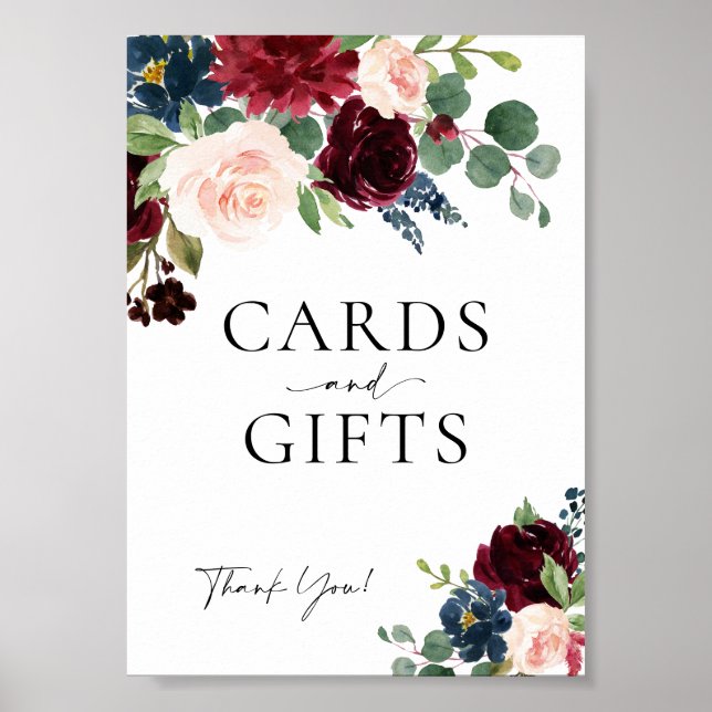 Póster Tarjetas y regalos Boho Floral Borgoña Boda Rótulo (Frente)