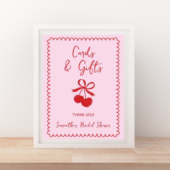 Póster Tarjetas y regalos Cherry Bow Hand Drawed Bridal S (Cards & Gifts Cherry Bow Hand Drawn Bridal Shower Poster)